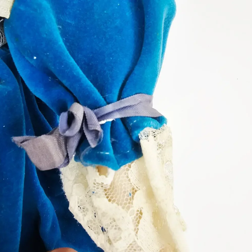 Rare Fine China Head Doll Blue Victorian Velvet & Lace Dress Circa 1980s 17